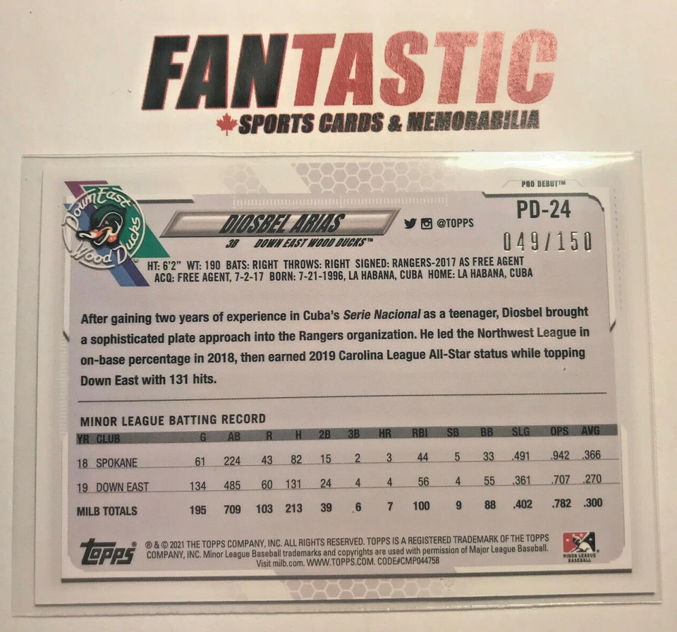 2021 Topps Pro Debut BLUE Parallel /150 PD-24 Diosbel Arias Down East Wood Ducks - Image 2 of 2