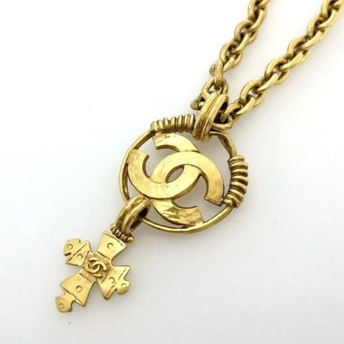 Collana CHANEL Coco Mark Croce A03054 94P Metallo Oro Ciondolo 144g Scatola 79 5cm