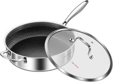 DELARLO Tri-Ply 6QT Hybrid Sauté Pans/With Helper Handle, Silver 
