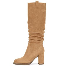 Pasuot Suede Knee High Boots for Women - Camel Tall Chunky Heel Dress...