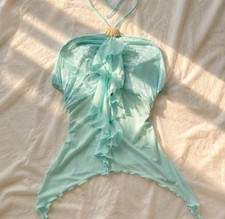 Women s Light Blue Solid Ruffle Halter Tankin...