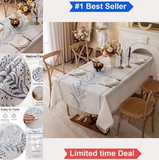 Rustic Waterproof Linen Tablecloth 55x86 Blue Fern Embroidery Tassel