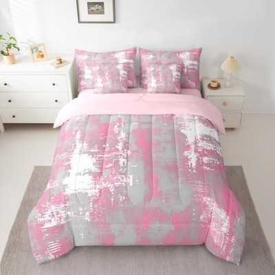  Abstract Comforter Set Size 7 Pieces Modern Abstract Art Full Pink White