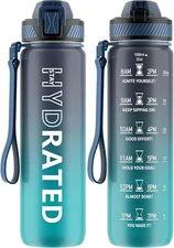 Water Bottle with Straw, 32oz Motivational Water Bottles with Time Marker to Dri