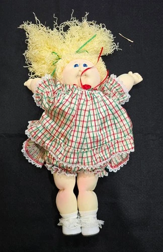 Vintage Cabbage Patch Kids Blonde Yarn Hair Doll Plaid Dress Soft Body