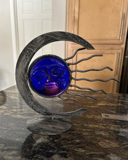 Heavy Celestial Cobalt Blue Sun Glass & Metal Candle Holder Or Window D�cor