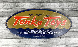 VINTAGE 12x5.5" TONKA TOYS OIL PORCELAIN SERVICE PUMP STATION GASOLINE GAS SIGN