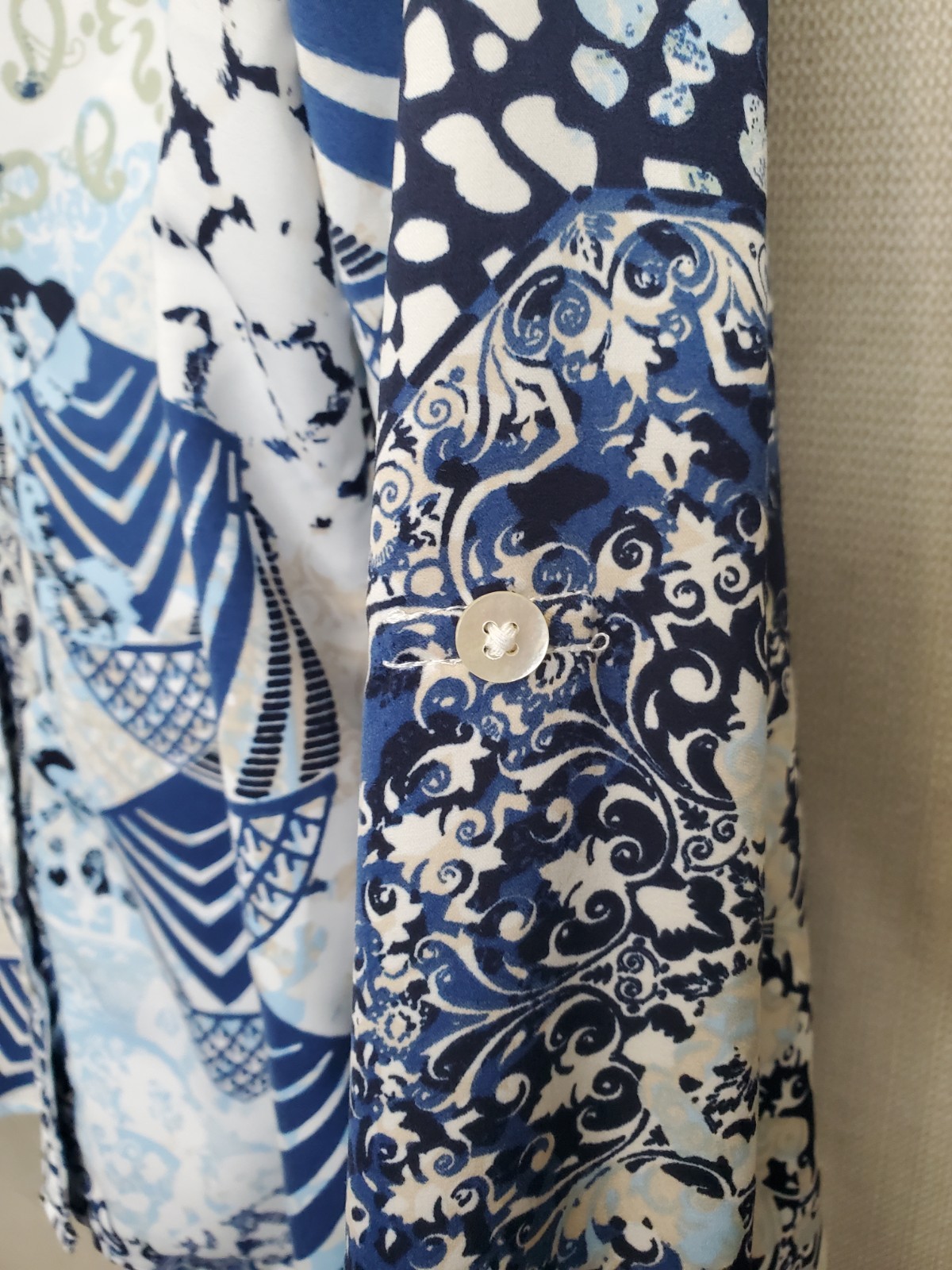 Chico's Silky Patchwork Mixed Pattern Roll-Tab Sl… - image 3