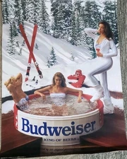 VINTAGE 1989 Budweiser Beer Poster SEXY GIRLS in Hot Tub & SKIING Snow 20x28"