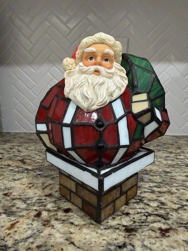 Vintage Tiffany Style Glass Santa In Chimney Christmas Holiday Lamp RARE EUC