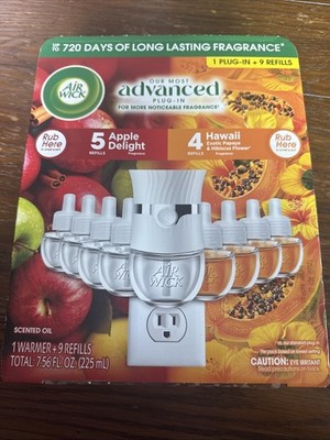 9 Airwick Essential Oils Fresheners Refills & 1 Warmer  Apple Deligh & Hawaii