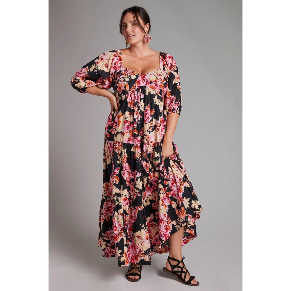 Anthropologie Black Pink Floral Blossom Maxi Dress Puff Sleeve Women's size XS