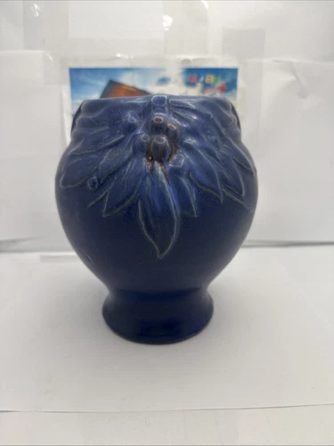 Mccoy Cobalt Blue Leaf And Berry Vase 7”