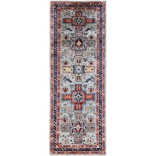 2'8"x7'5" Gray Caucasian Design Hand Knotted Pure Wool Runner Oriental Rug R1342