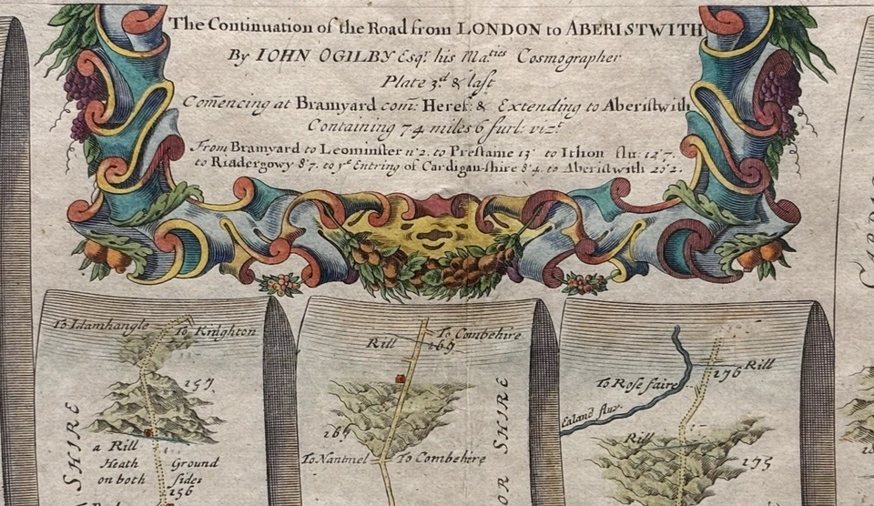 Яркая антикварная карта Англии Джона Огилби в полоску Британия, редкий исторический художественный подарок - Изображение 4 из 4