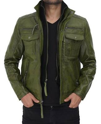 Men's Genuine Lambskin Green Leather Biker Decent Festive Motorcycle Jacket