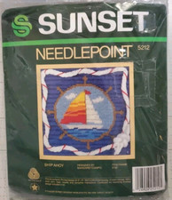 Sunset Needlepoint Kit Ships Ahoy Sailboat 5212 5x5" M Campo 1985 Blue Wht Brwn