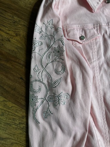 VTG Quacker Factory Butterfly Rhinestone Button Up Denim Jacket Women Large Pink - Picture 2 of 9