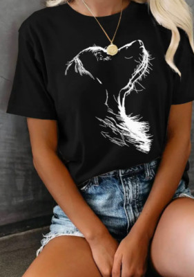 Damens Casual T-Shirt mit künstlerischem Hundemotiv, Rundhalsausschnitt, Kurzarm