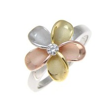 STERLING SILVER 925 HAWAIIAN SINGLE TRICOLOR PLUMERIA FLOWER RING 15MM CZ