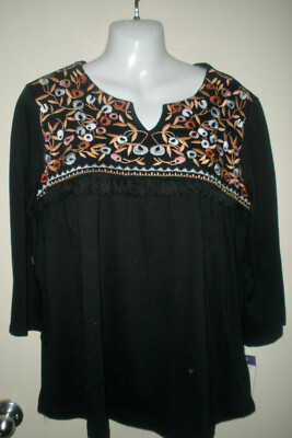 #429 Shirt L Rebecca Malone Black Embriorery Orange Rose Pink New NWT