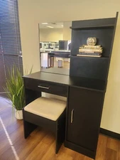 Black Vanity Desk with Mirror, Stool & Storage – Makeup Table for Bedroom