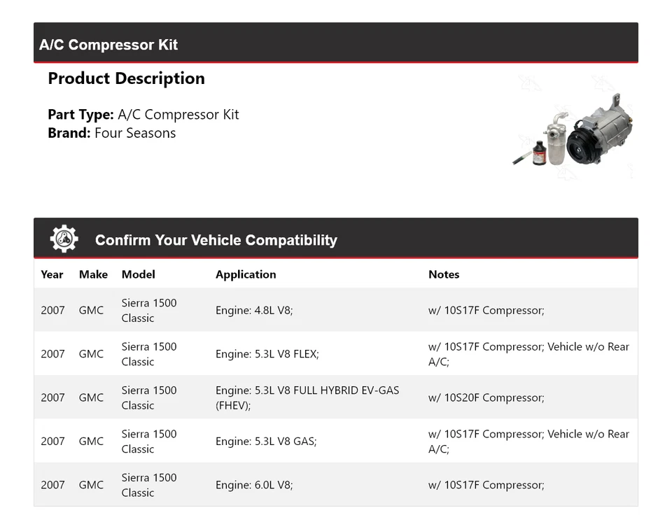 Kit de compresor de aire acondicionado clásico para GMC Sierra 1500 2007 4 estaciones Foto 2 de 4
