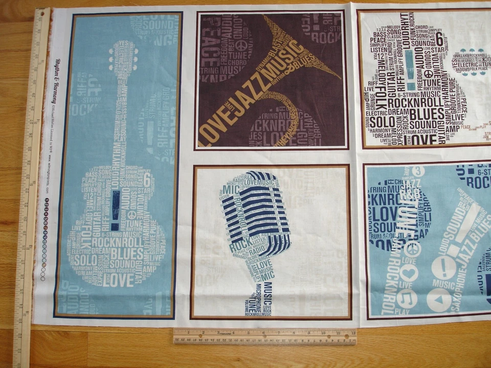 Musical Rhythm & Harmony Jazz Rock Guitars Cotton Quilt Fabric Panel - Image 2 of 3
