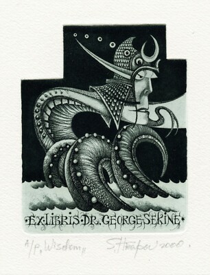 Wisdom, Original Surrealistic Etching Art Print Ex libris, Sergey Hrapov