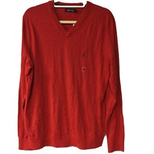 NWT NAUTICA Men's Cotton Blend V-Neck Sweater Red Orange Hue Medium Long Sleeve