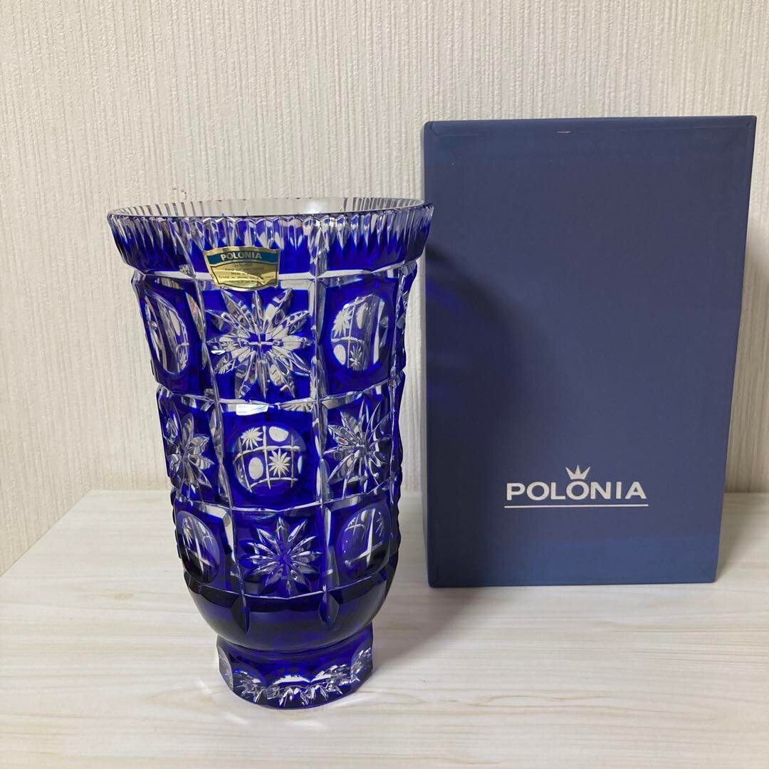 Polonia Crystal Glass Flower Vase Deep Blue Crystal Hand-Cut Kiriko H20cm