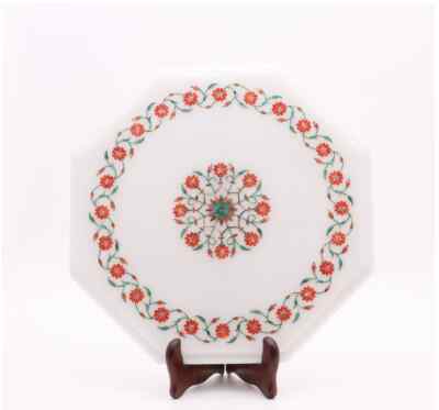 18'' white marble table top coffee side inlay lapis decor antique mosaic h10