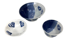 Art/Pottery Blue Heart Design Stoneware Round Bowls Signed "ge"- Set of 3
