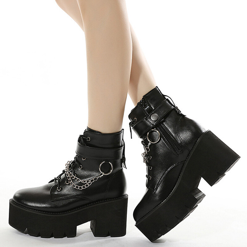 Women PU Leather Chain Ankle Chelsea 