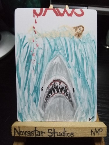 Original Jaws Painting OOAK Shark Horror Art Card Painted ACEO
