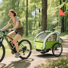 2-Seat Kid Bicycle Trailer with Windows and Canopy Coupler Attachment, Green