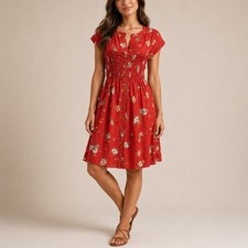 Free People Greatest Day Floral Smocked Dress Orange ButtonFront Boho Festival M