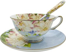 Vintage Ceramic Teacup, Elegant Coffee Cup with Spoon and Saucer Set, Fine Royal