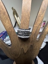 Silver Black Multi-Row Band Cocktail Ring with Round Rhinestone Crystals