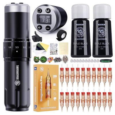 Dragonhawk Wireless Tattoo Gun Kit Fold3 Rotary Machine Pen with 2 Batteries