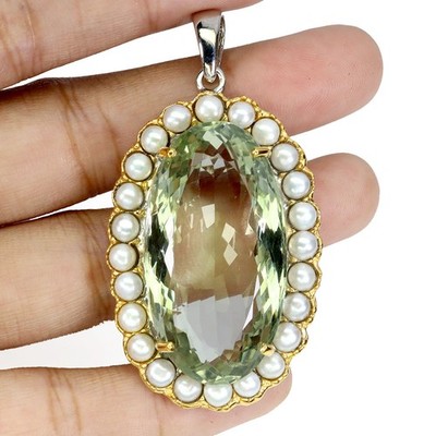 925 Sterling Silver Pendant Oval Green Amethyst 55ct Pearl Handmade Gemstone