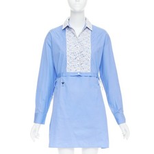 CHRISTIAN DIOR 2021 blue white lace plastron bib belted tunic shirt dress FR38 M