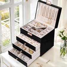 Leather Jewelry Box with Lock for Women, 4-Tier 3-Drawer Jewelry Organizer, L...