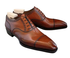 Handmade Brown Cap Toe Oxford Genuine Leather Lace Up Office Dress Shoes For Men