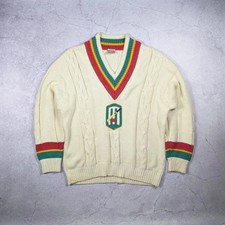 Vintage Cricket Cable Knit Jumper – Cream V-Neck Heritage Sweater- Medium