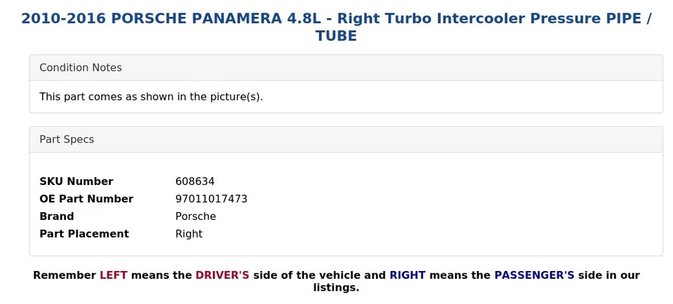 2010-2016 PORSCHE PANAMERA 4.8L - Right Turbo Intercooler Pressure PIPE / TUBE - Image 4 of 4