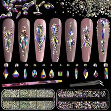 Kit Strass Nail Art Cristallo AB Vetro 3D Multi Forme con Fondo Piatto Rotondo Be