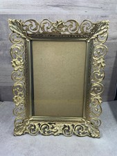 Vintage Ornate Gold Brass Scrolled Filigree Photo Frame Slight White Washed 9x7