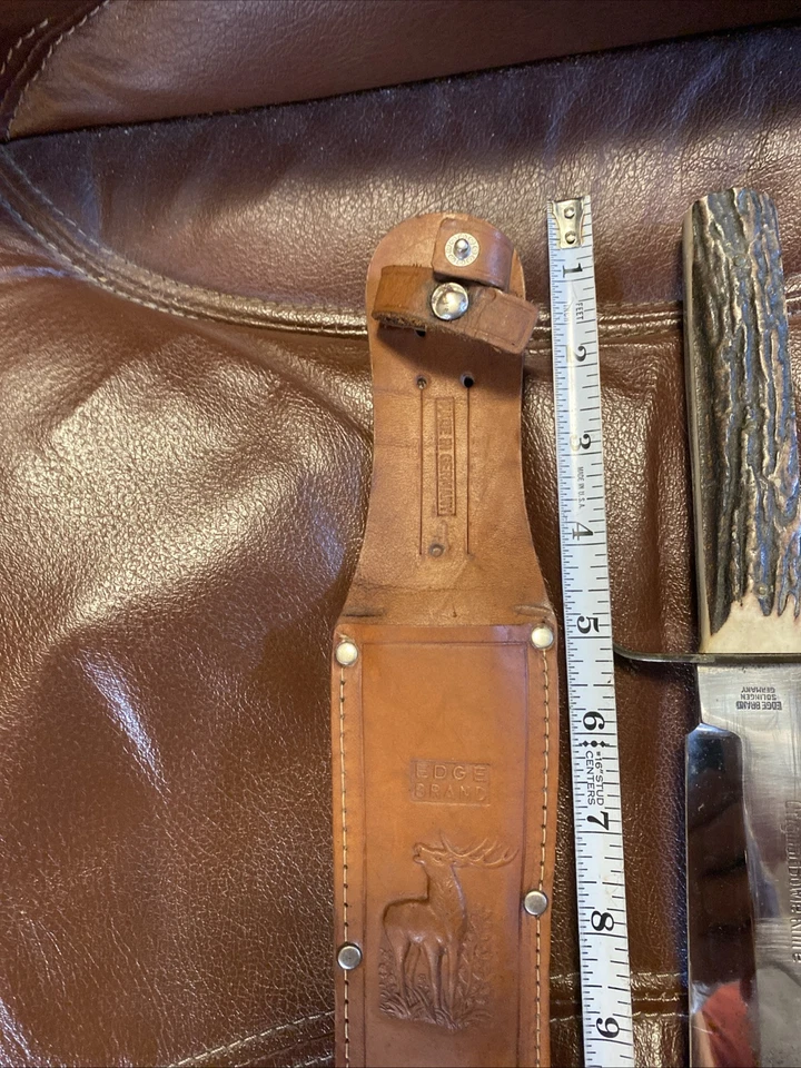 VTG EDGE BRAND 443 STAG HANDLE ORIGINAL GERMAN BOWIE FIXED BLADE KNIFE & SHEATH - Image 3 of 4
