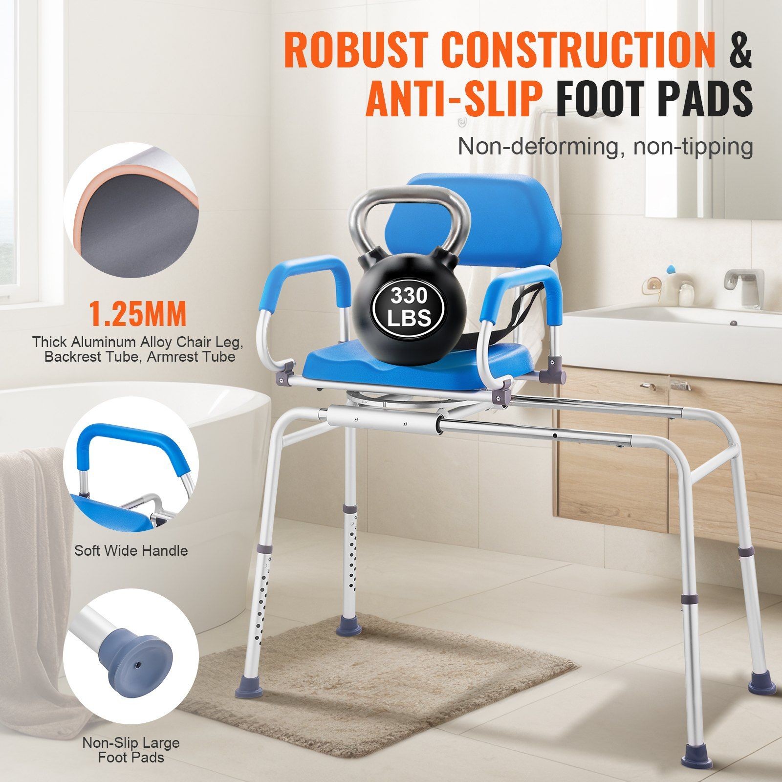 330lb Bariatric Shower Chair with Sliding Base and 360° Rotating Seat